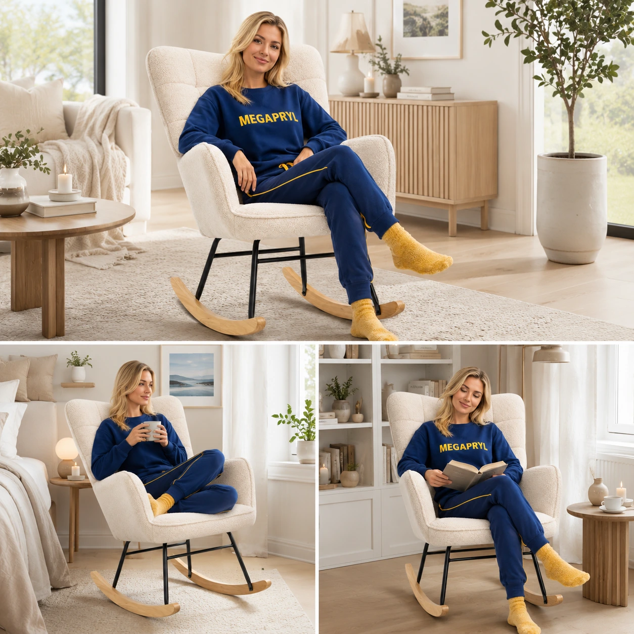 Gungstol i Teddy Beige med Hög Rygg och Armstöd