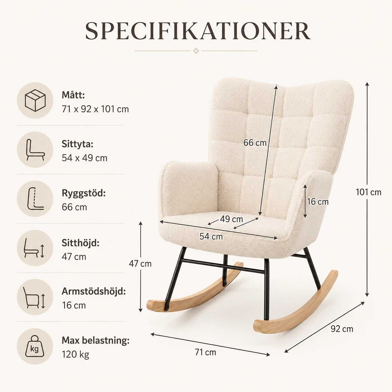 Gungstol i Teddy Beige med Hög Rygg och Armstöd