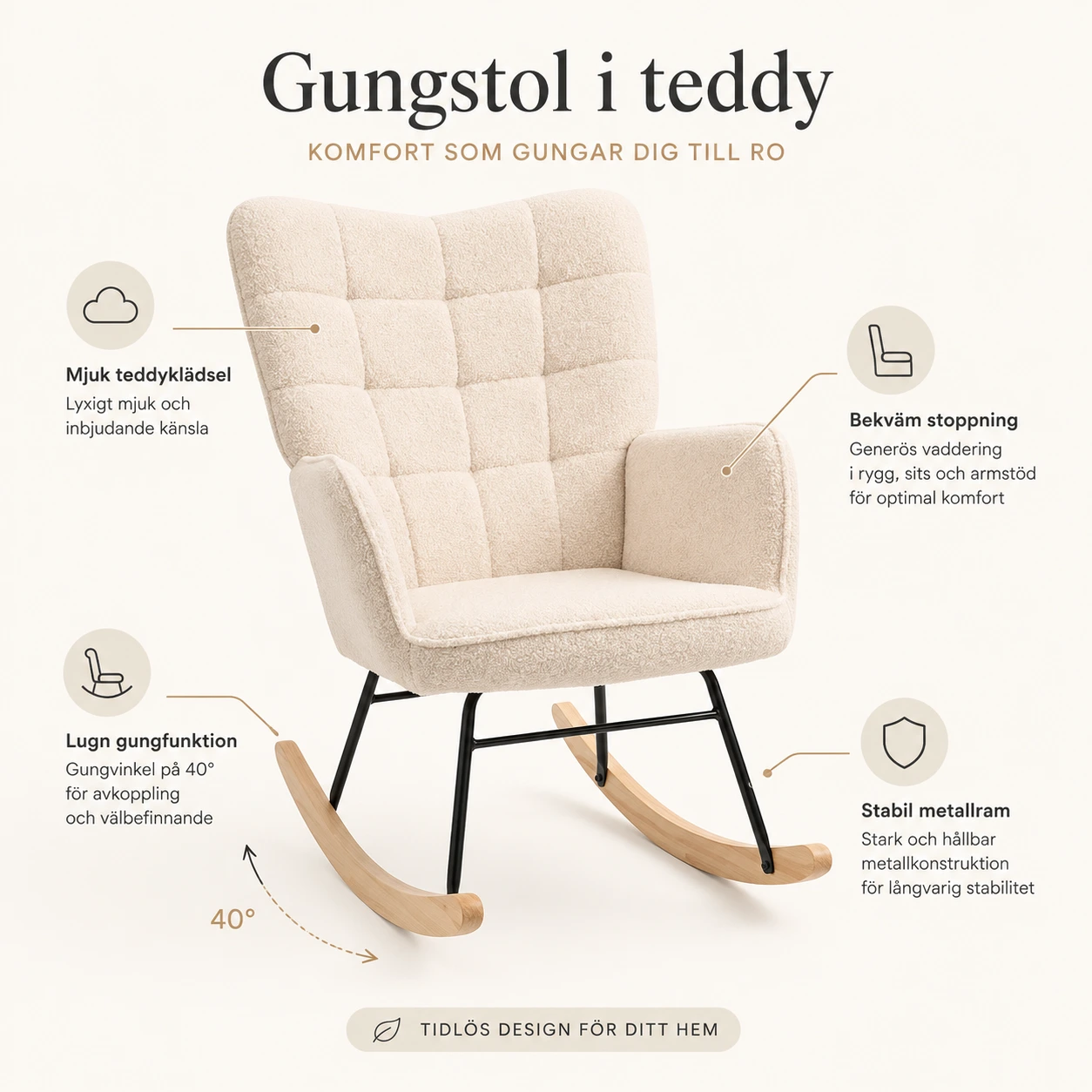 Gungstol i Teddy Beige med Hög Rygg och Armstöd