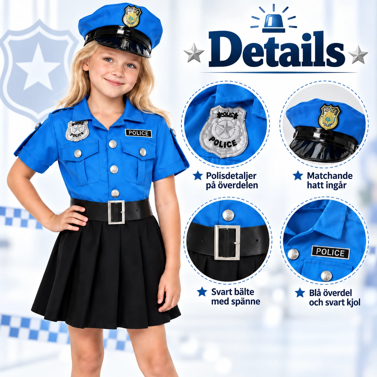 Klänning barn polis med bälte och hatt blå och svart