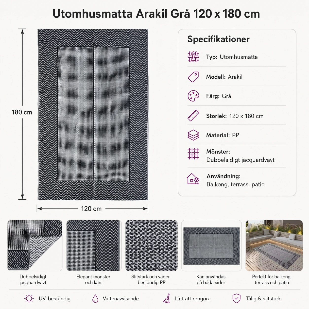 Utomhusmatta Arakil Grå 120 x 180 cm