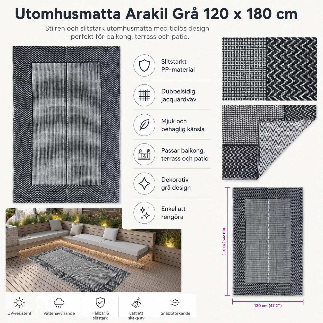 Utomhusmatta Arakil Grå 120 x 180 cm