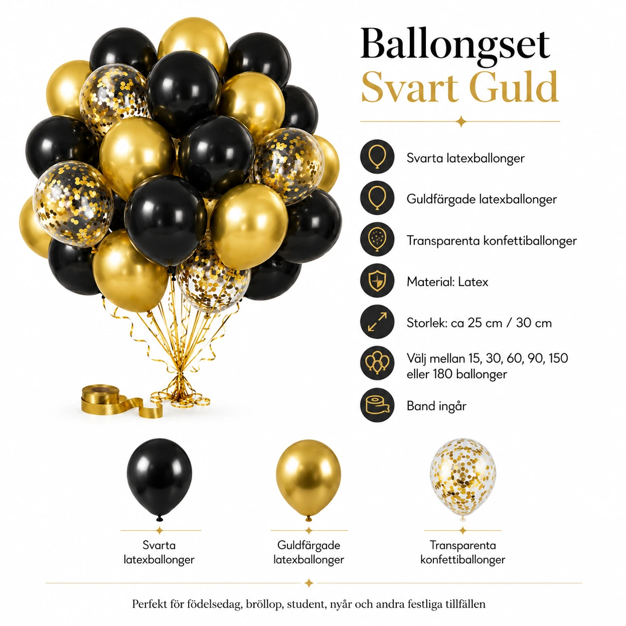 Ballongset Svart Guld – Latexballonger för Fest