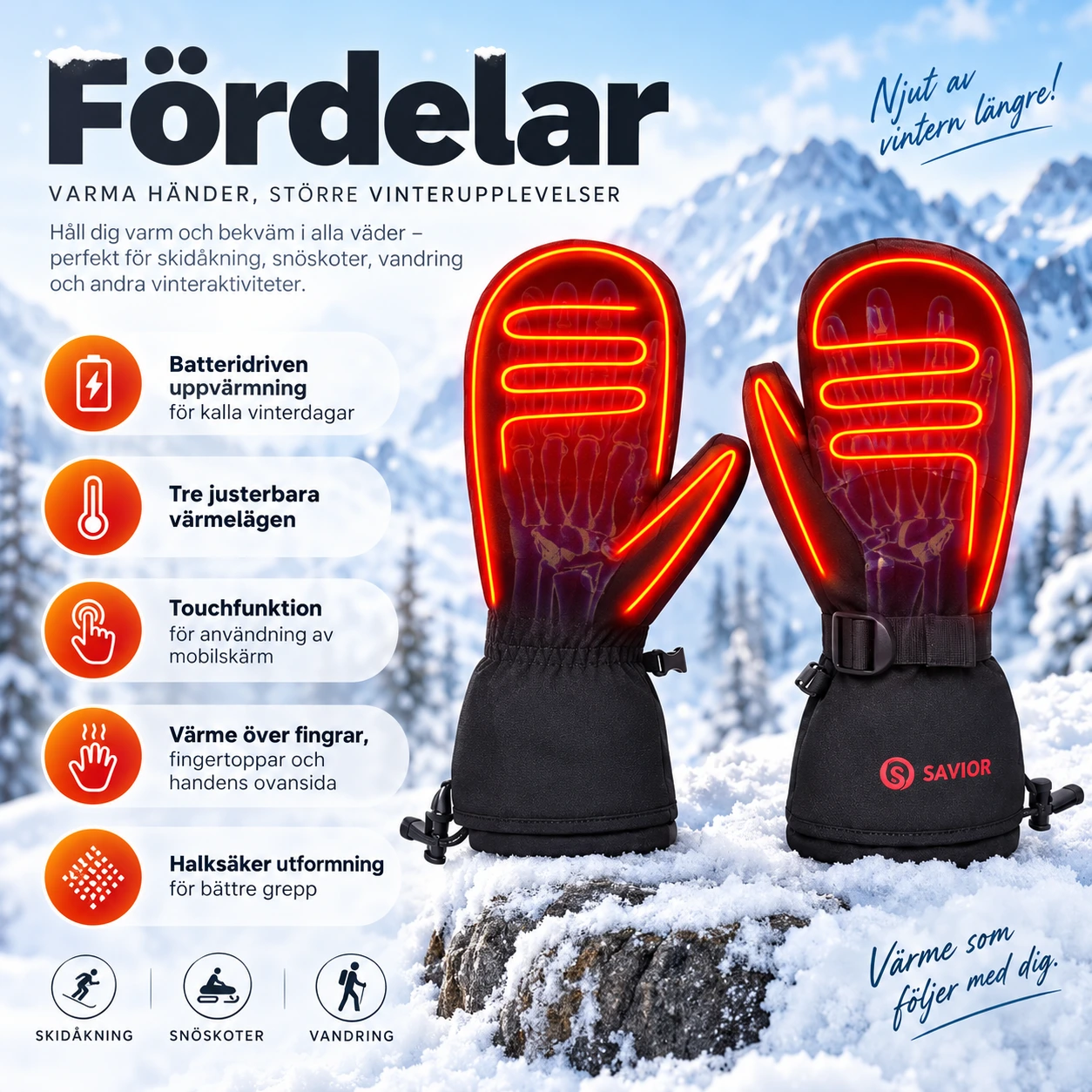 Uppvärmda vinterhandskar med touchfunktion