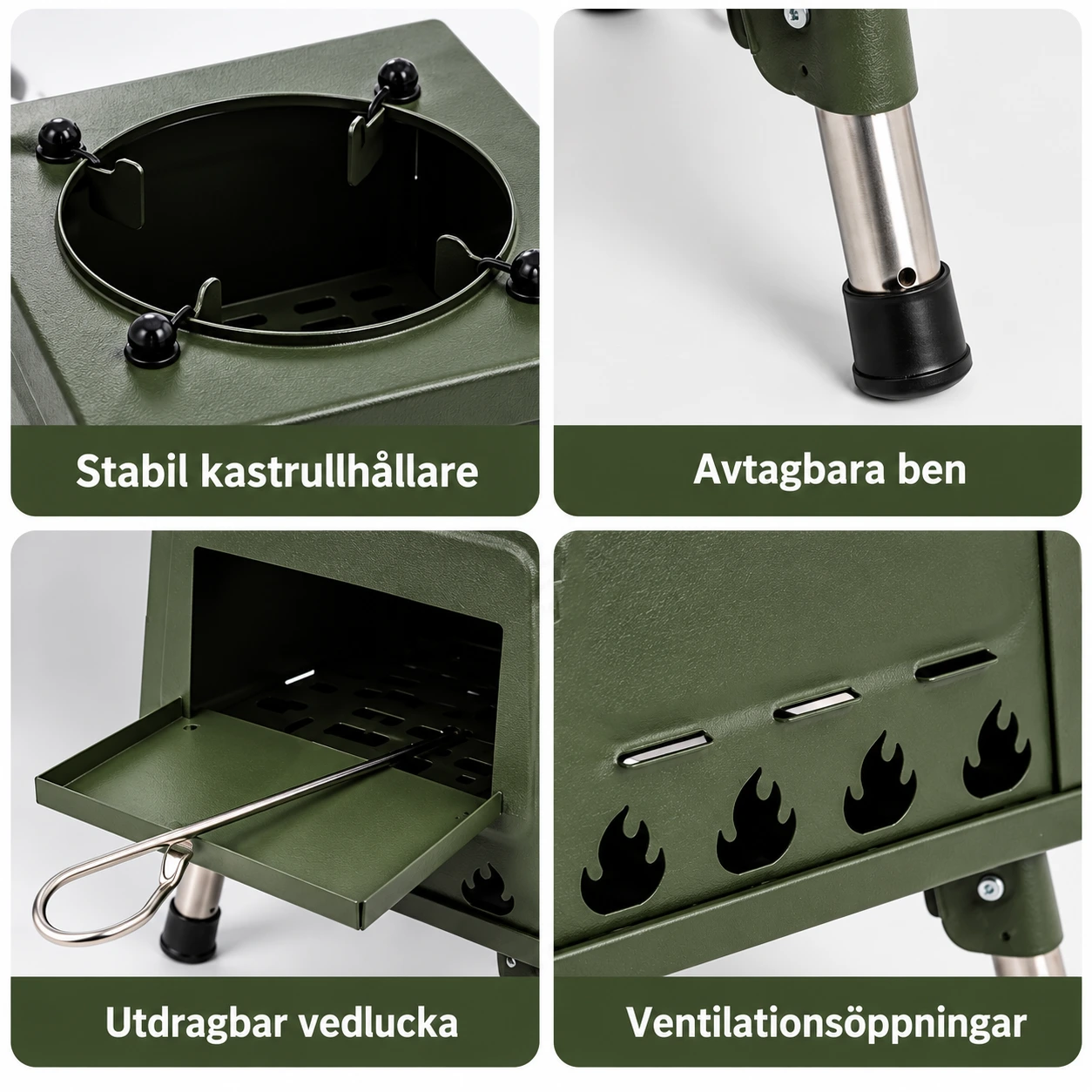 Portabel vedspis för camping och friluftsliv