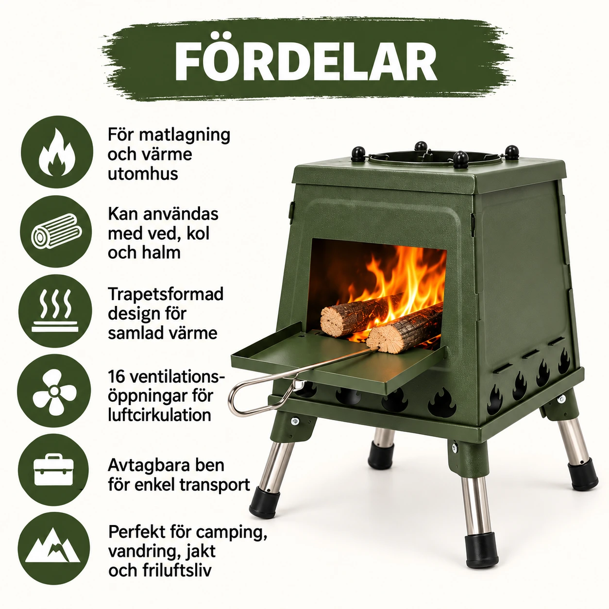 Portabel vedspis för camping och friluftsliv