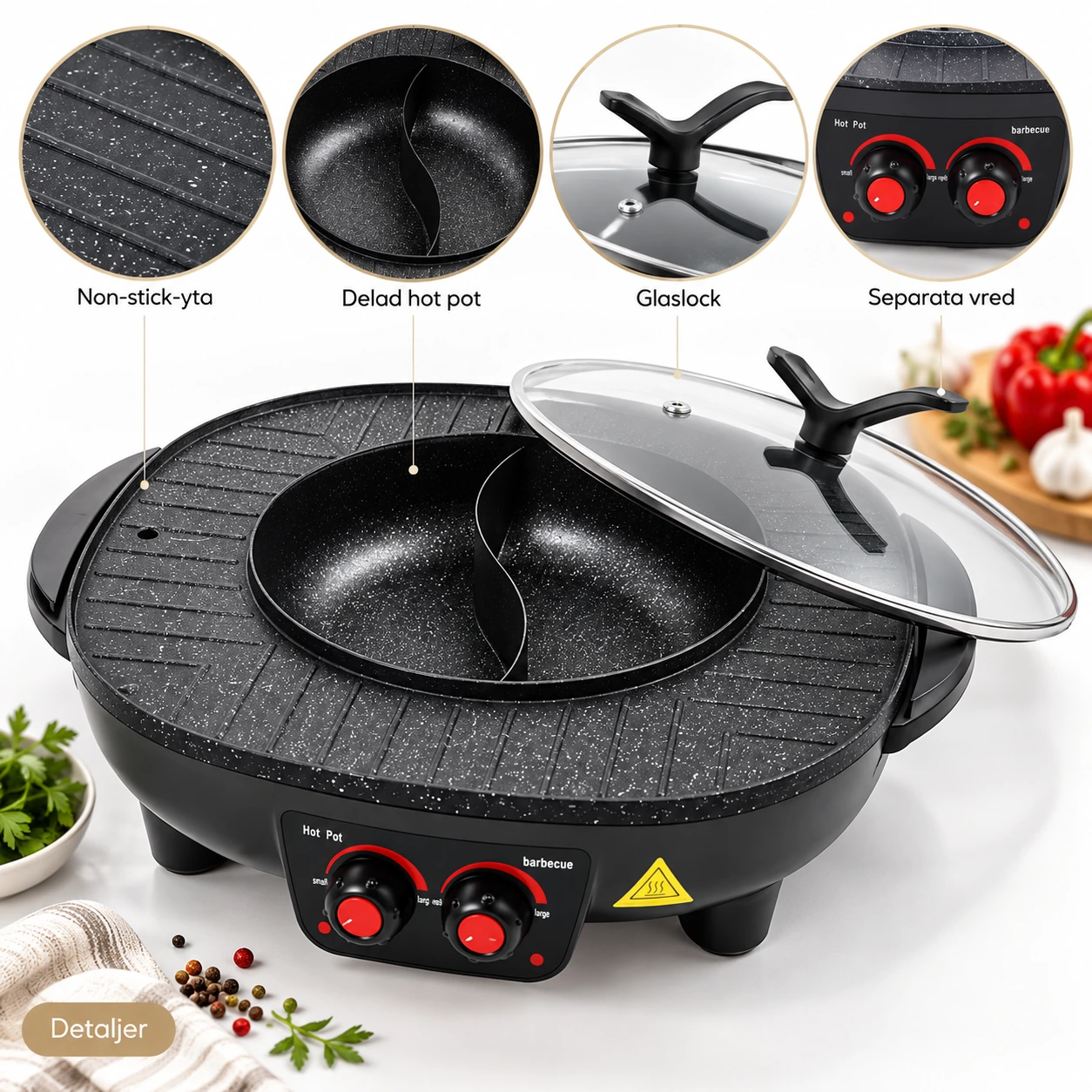 Elektrisk grill och hot pot 2-i-1 med non-stick