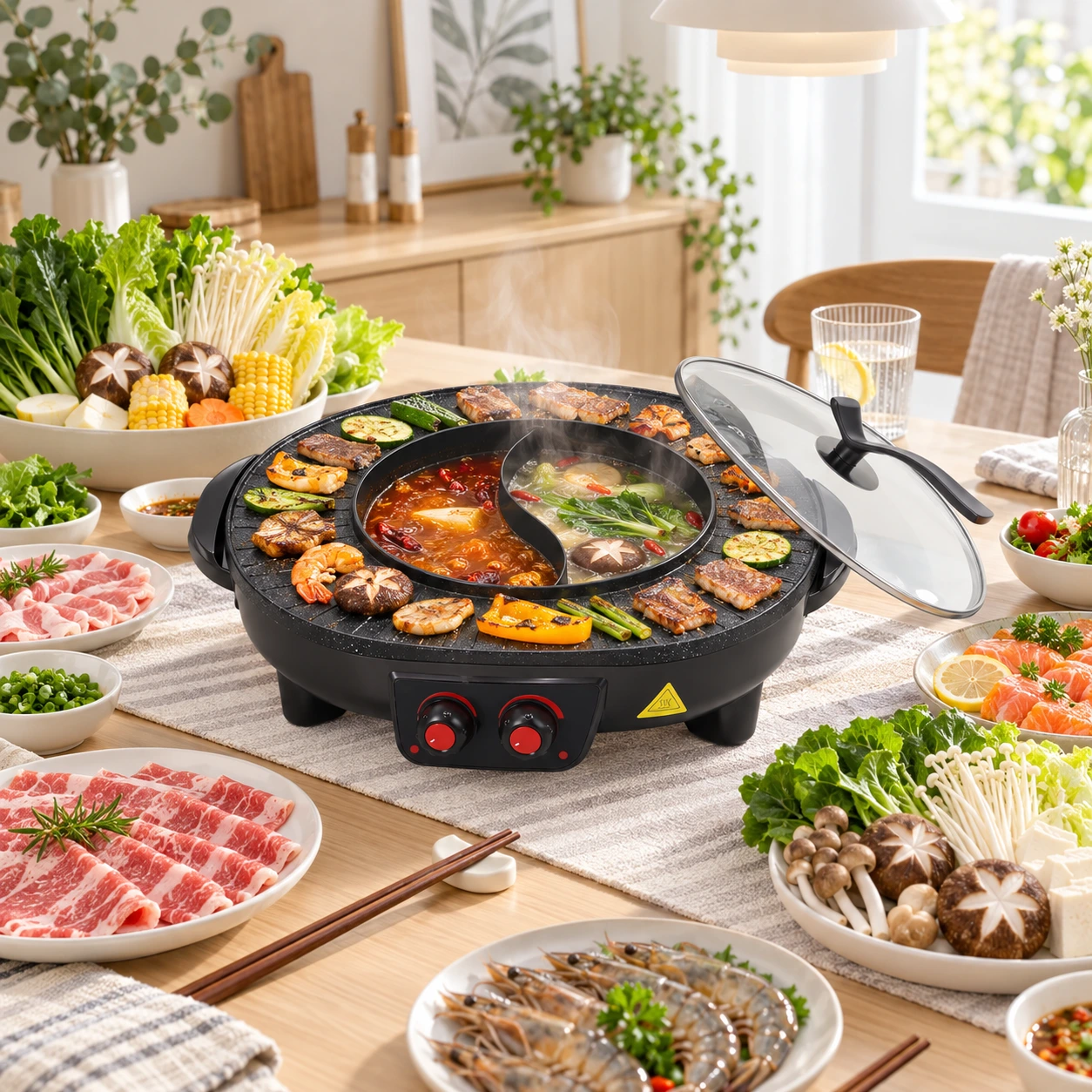 Elektrisk grill och hot pot 2-i-1 med non-stick