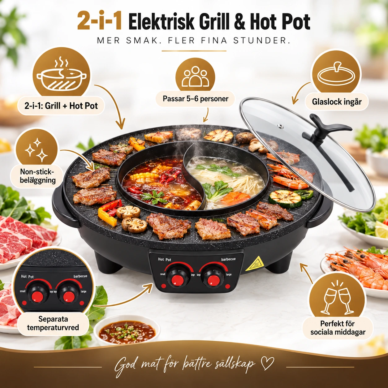 Elektrisk grill och hot pot 2-i-1 med non-stick