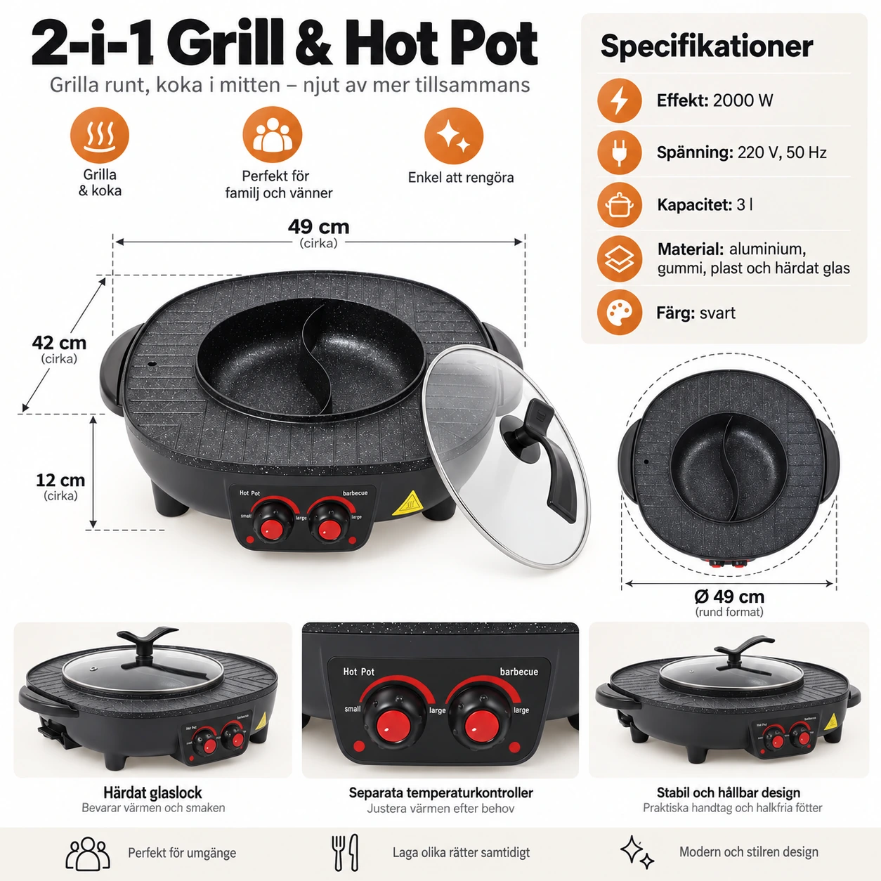 Elektrisk grill och hot pot 2-i-1 med non-stick