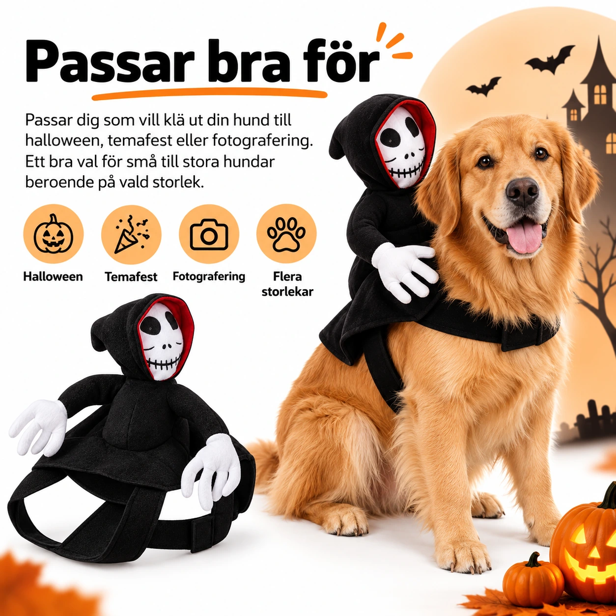 Maskeraddräkt skelett för hund med huva