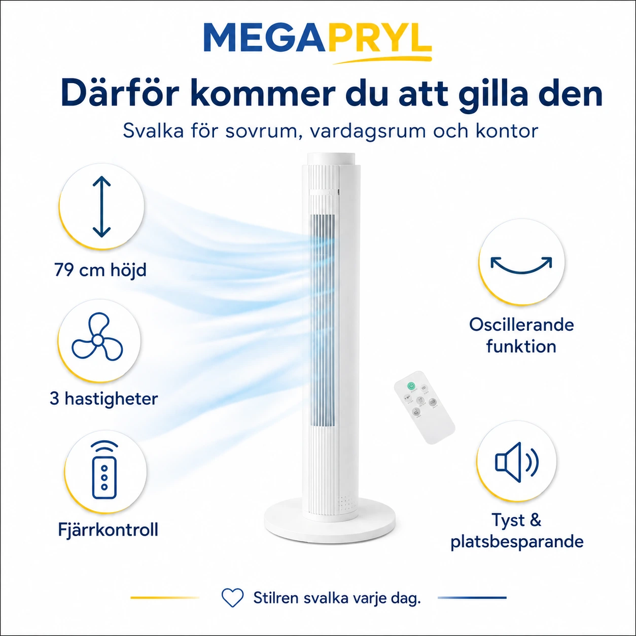 Tornfläkt 79 cm med Fjärrkontroll, 3 Hastigheter