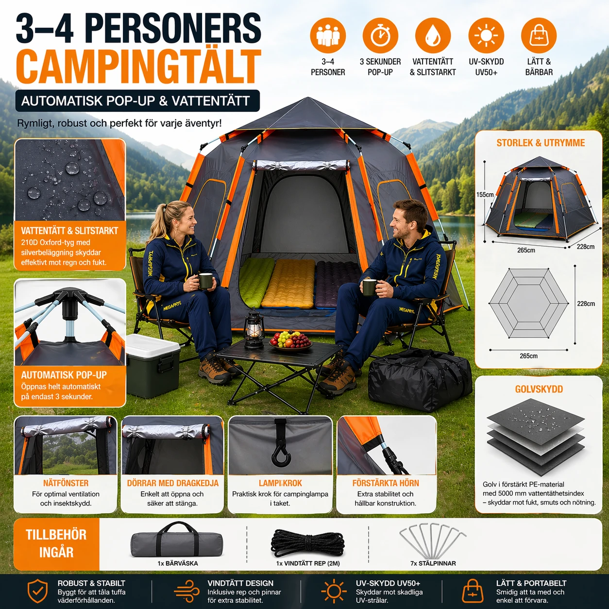 Campingtält 3–4 Pers – Automatisk Pop-up & Vattentätt Tält