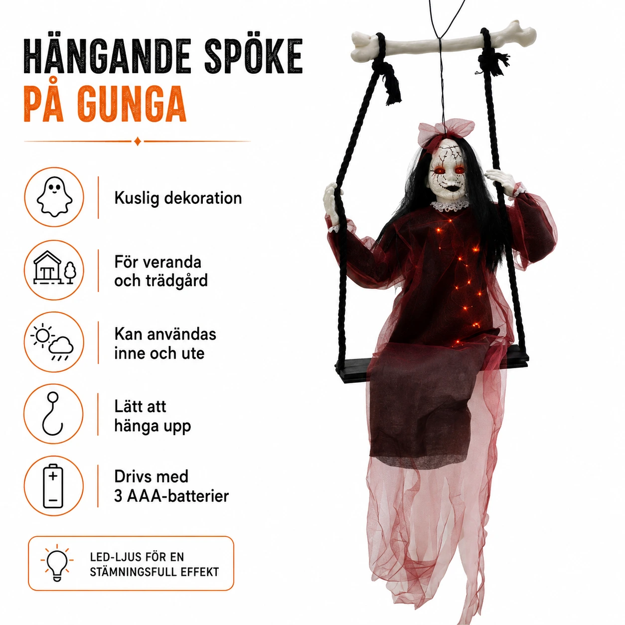 Hängande Halloween-spöke på gunga för utomhusdekoration