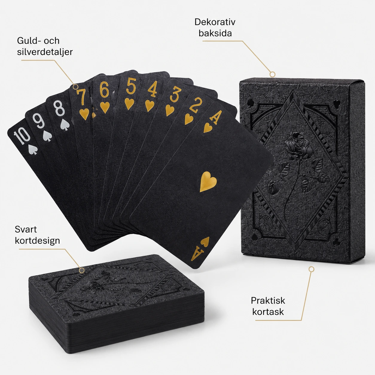 Spelkort med svart design för poker och kortspel