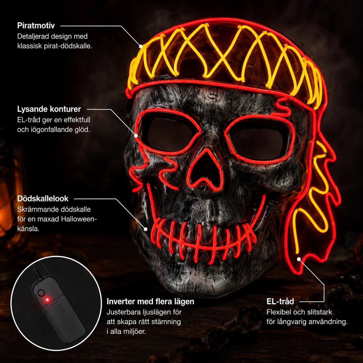 Lysande piratmask för halloween och maskerad