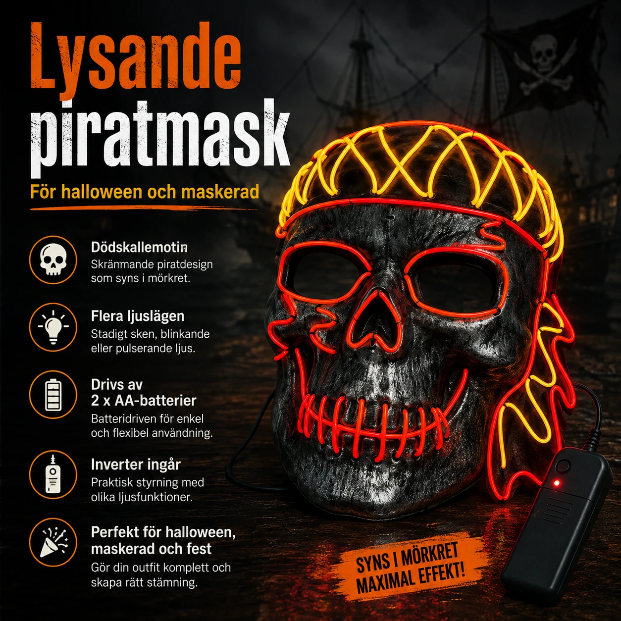 Lysande piratmask för halloween och maskerad