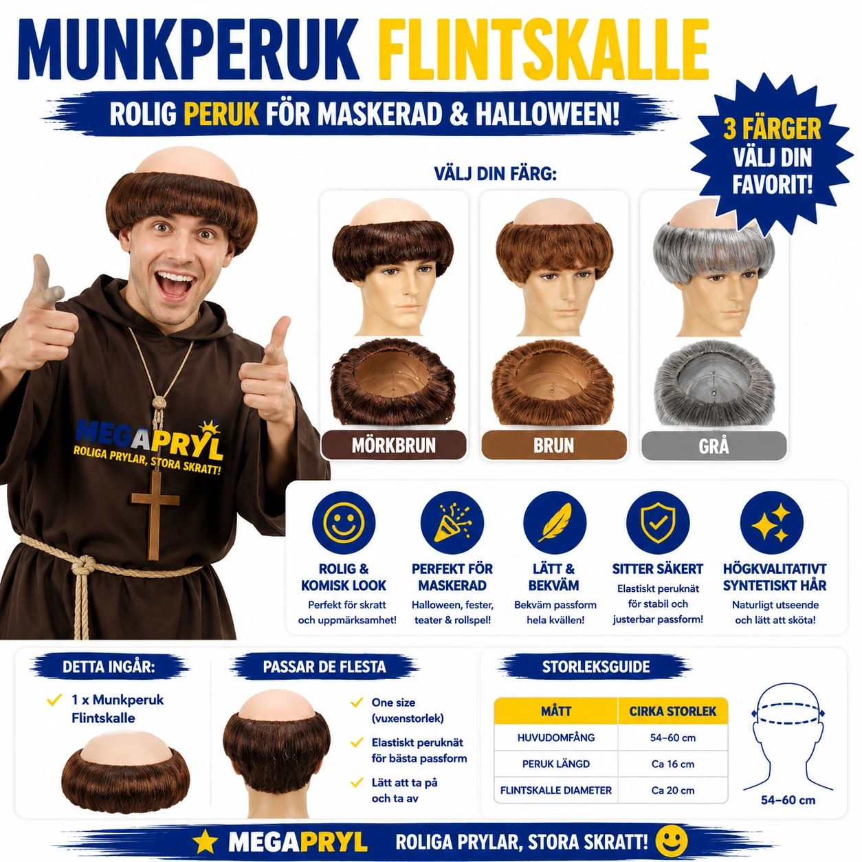 Munkperuk Flintskalle – Rolig Peruk för Maskerad