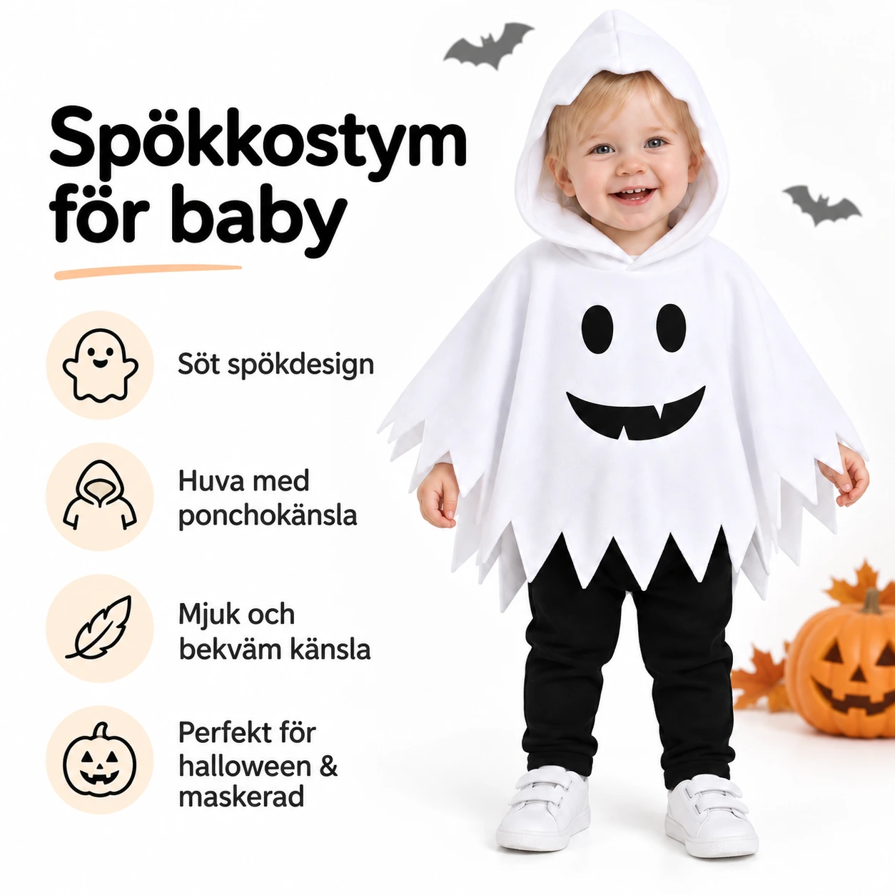 Spökkostym för baby och småbarn med huva