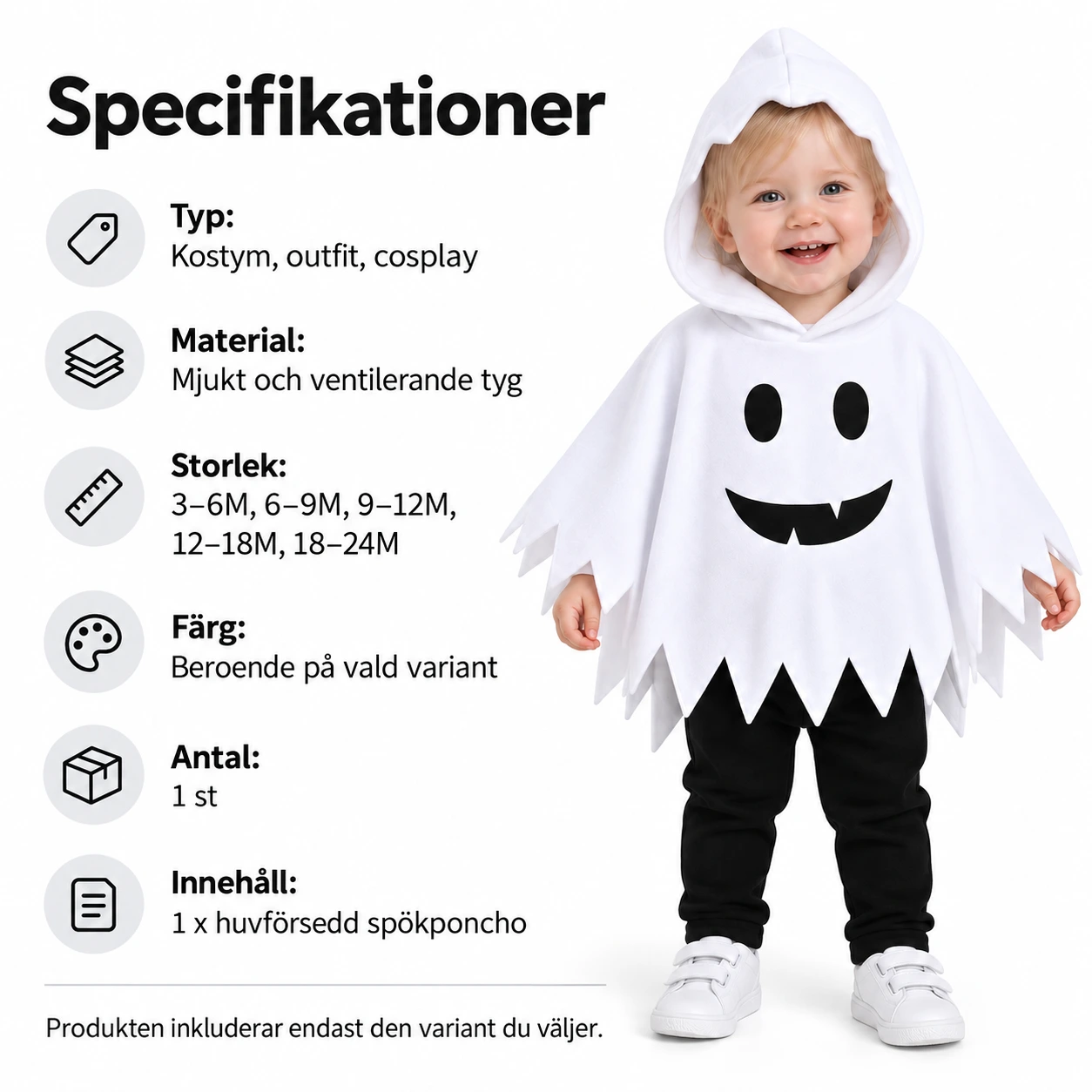 Spökkostym för baby och småbarn med huva