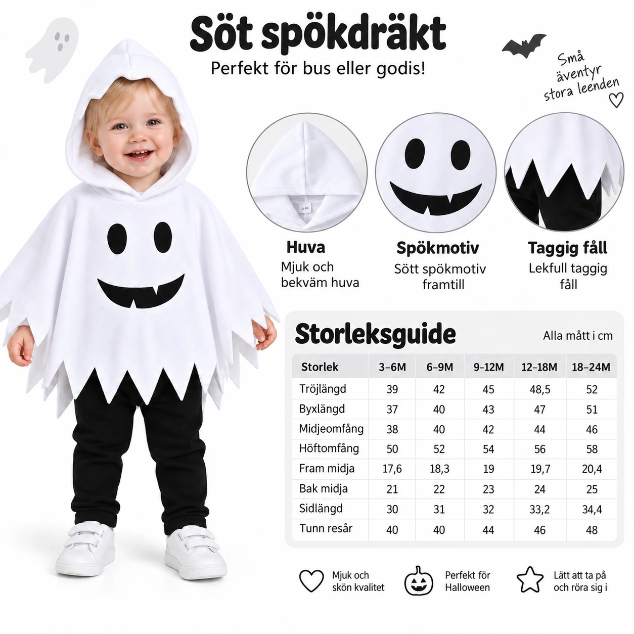 Spökkostym för baby och småbarn med huva