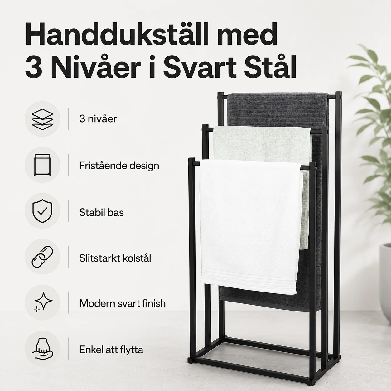 Handdukställ med 3 Nivåer i Svart Stål