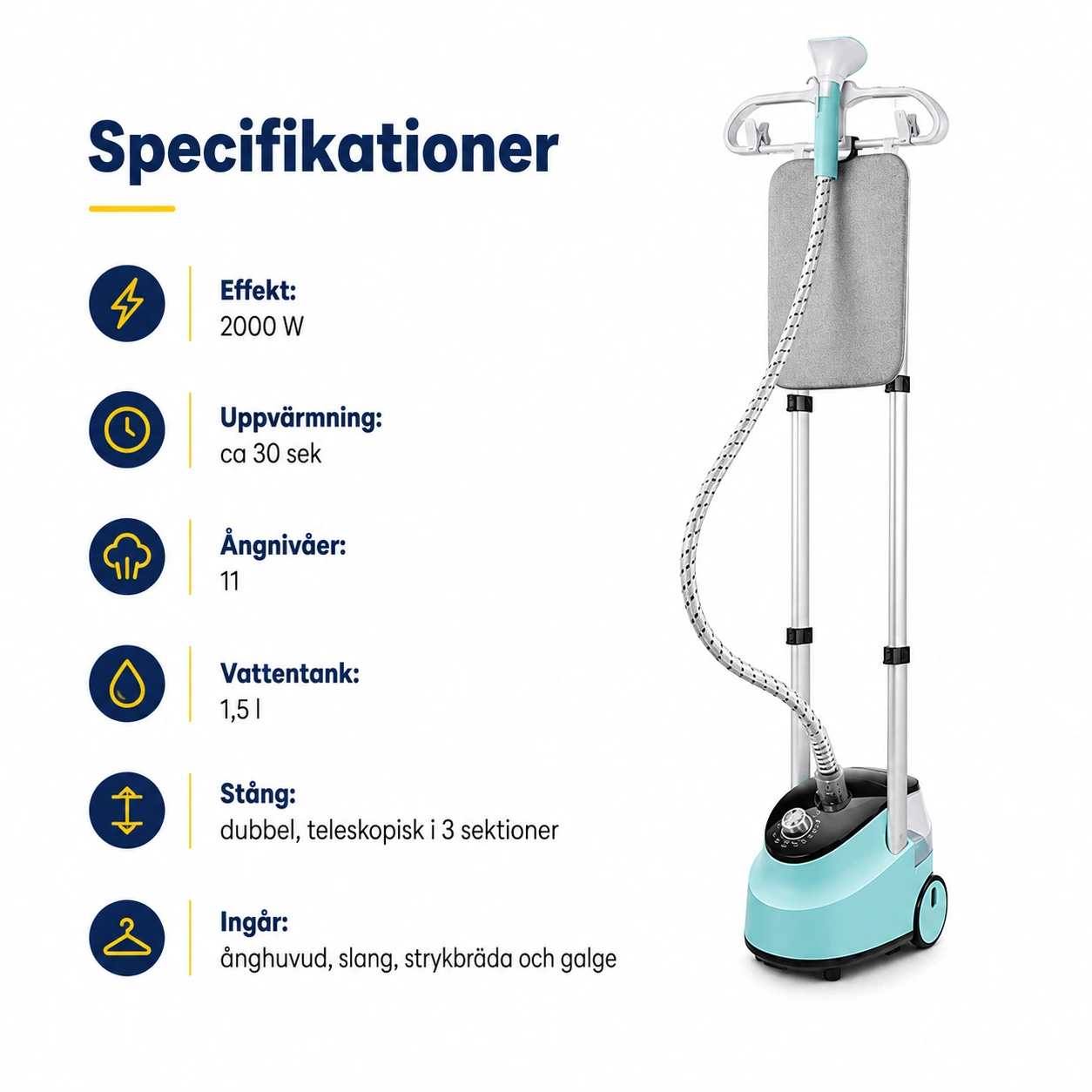 Stående klädsteamer med dubbel stång och 1,5 l vattentank