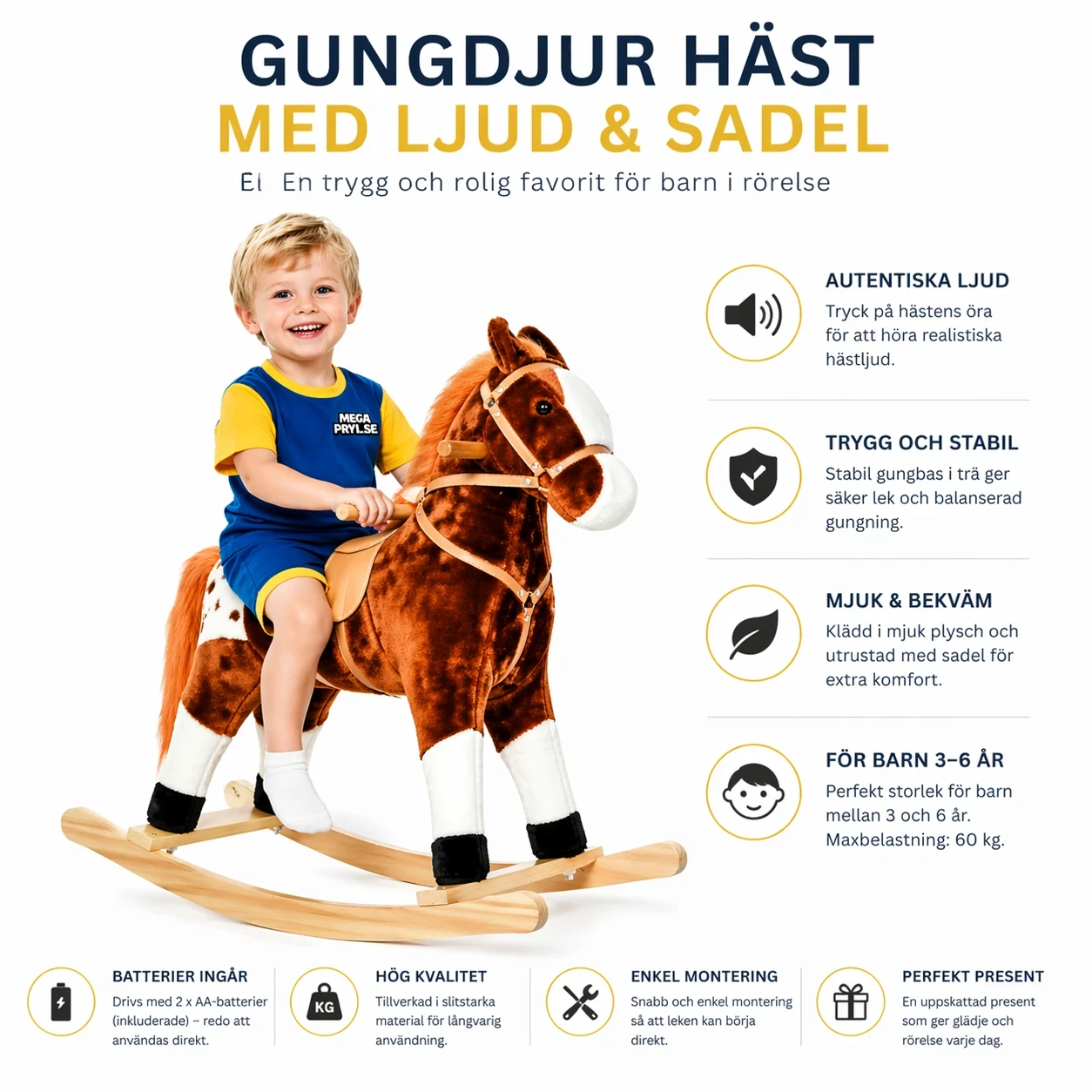 Gungdjur Häst i Plysch – Trähäst med Ljud & Sadel