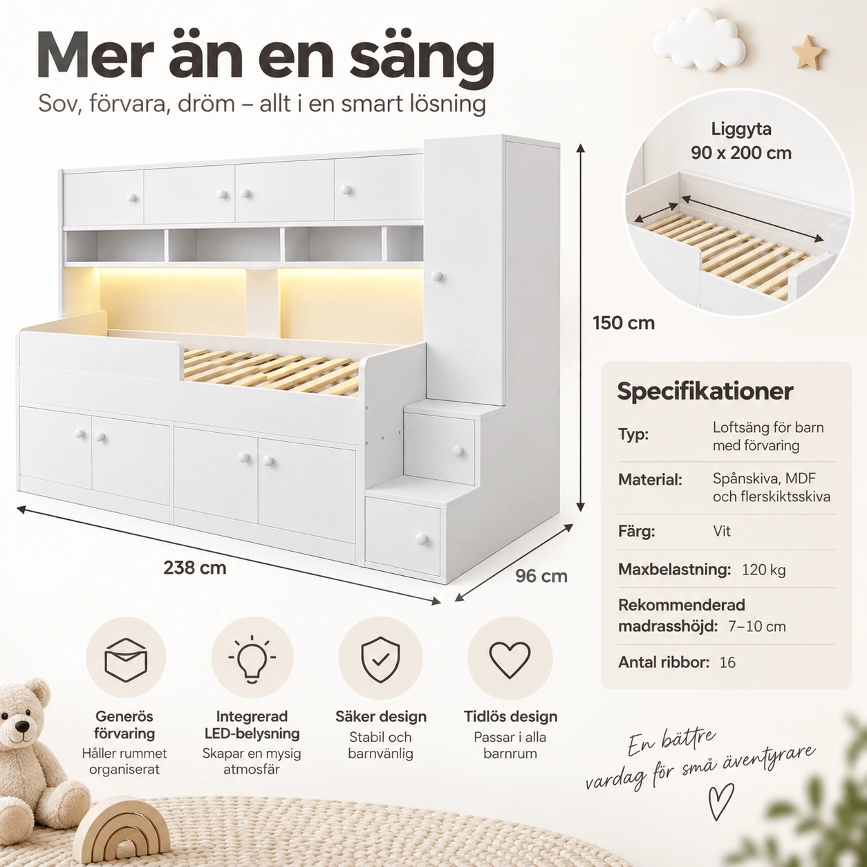 Loftsäng för barn 90x200 med förvaring och LED-belysning