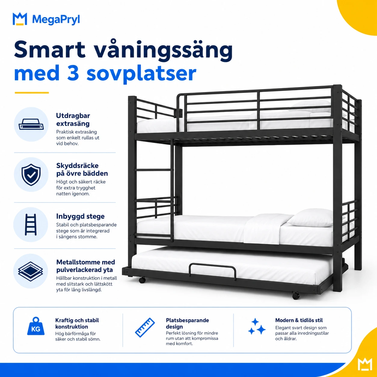 Våningssäng i metall med utdragbar extrasäng