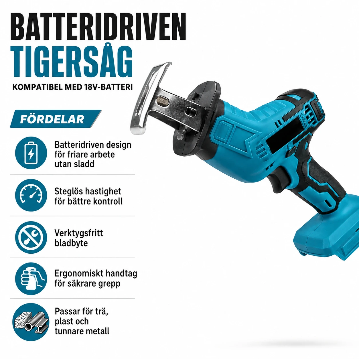 Batteridriven tigersåg kompatibel med 18V-batteri