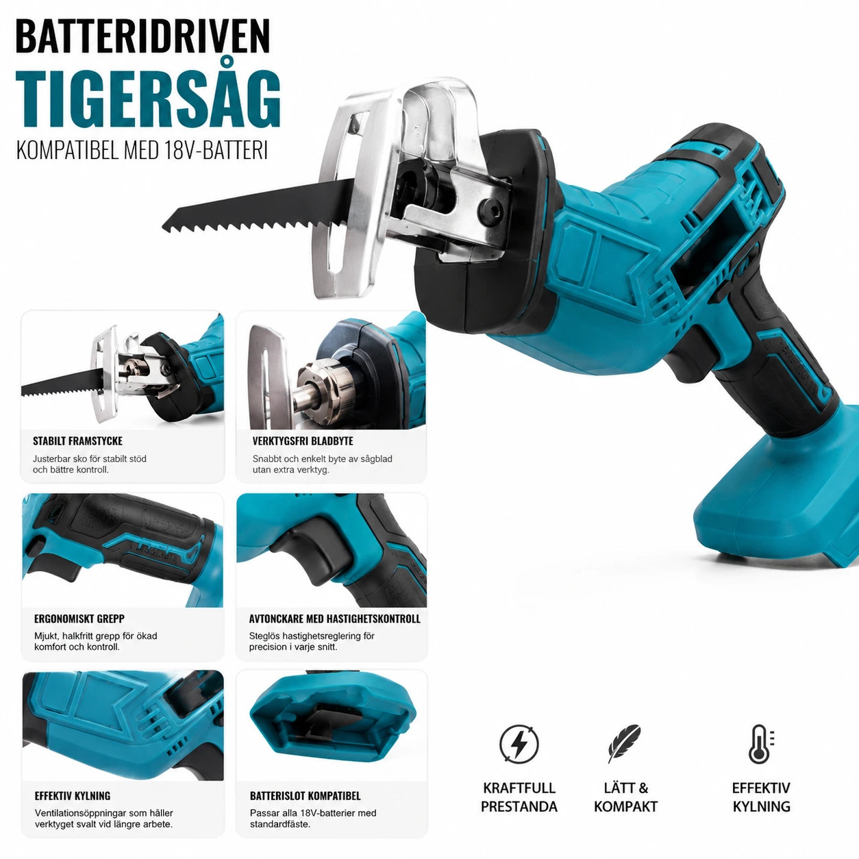 Batteridriven tigersåg kompatibel med 18V-batteri