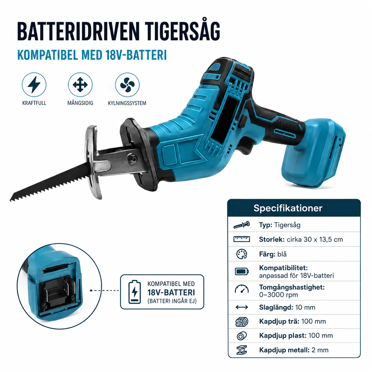 Batteridriven tigersåg kompatibel med 18V-batteri