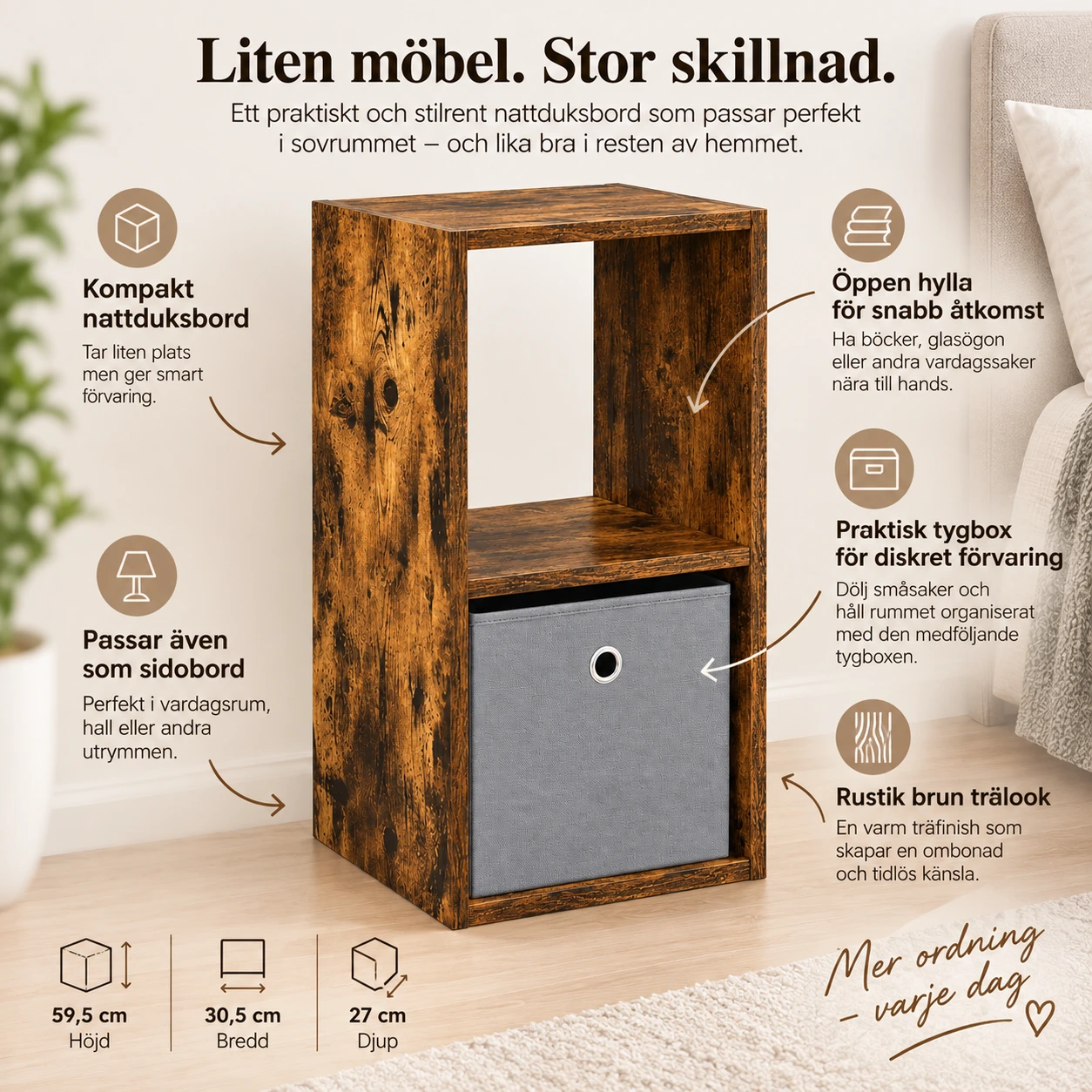 Nattduksbord med förvaring 30,5 x 27 x 59,5 cm