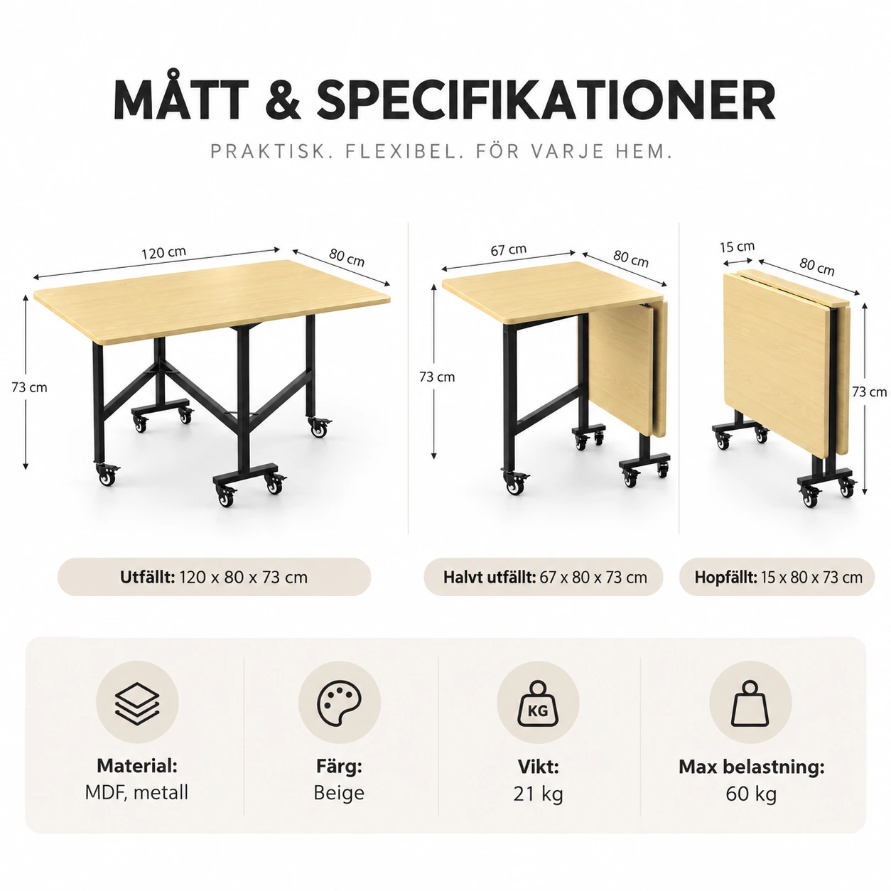 Fällbart matbord med hjul, 120 x 80 cm, beige