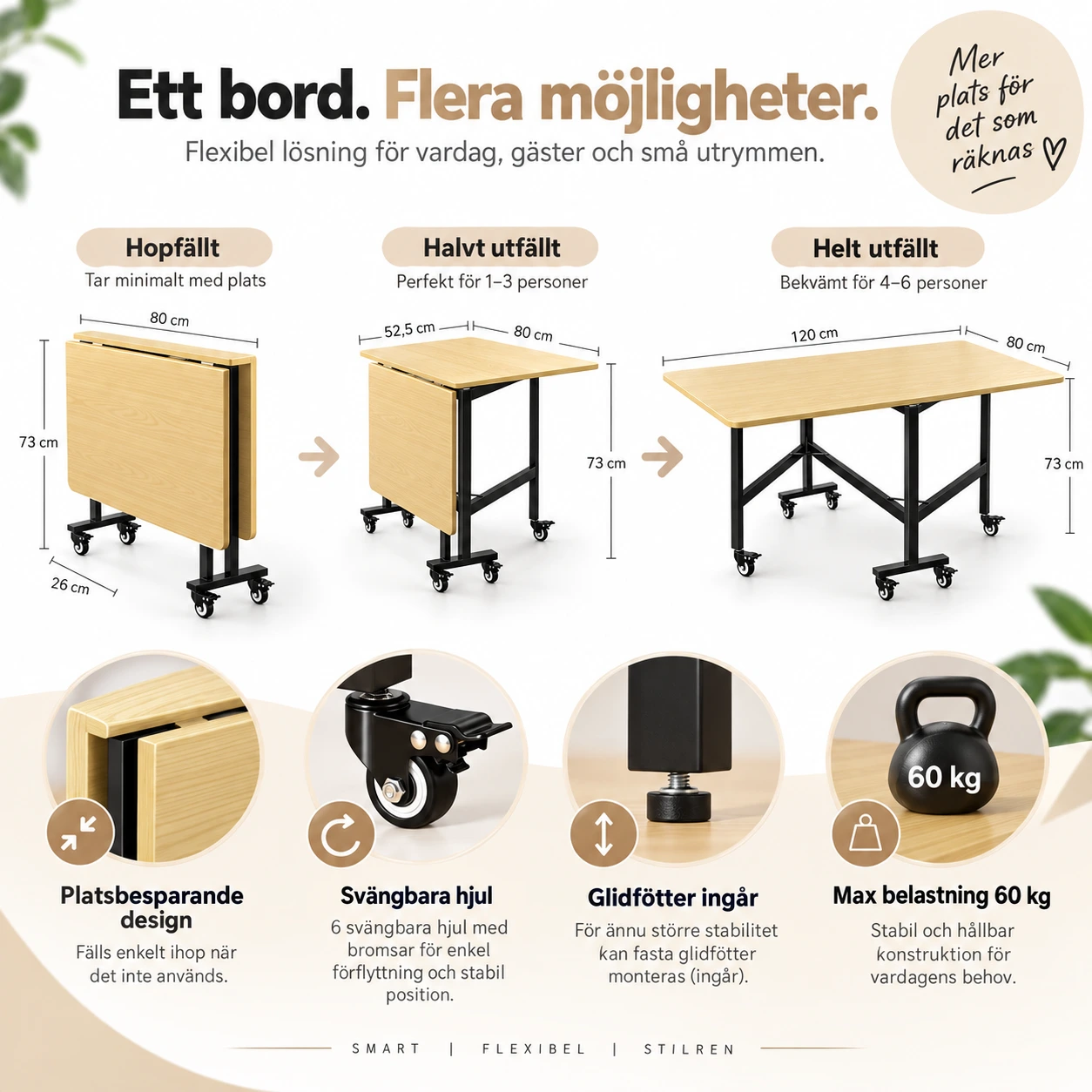 Fällbart matbord med hjul, 120 x 80 cm, beige
