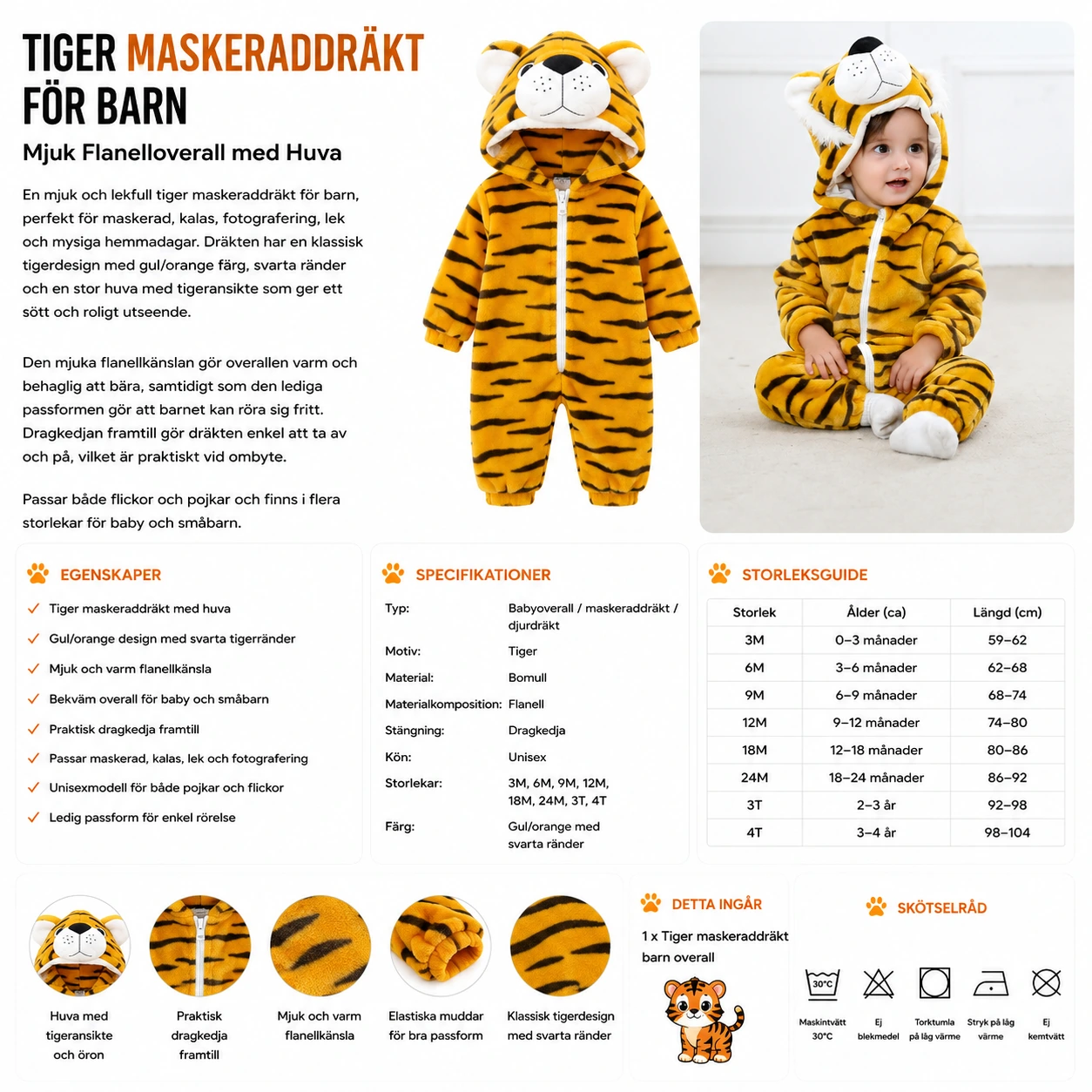 Tiger Maskeraddräkt för Barn – Mjuk Flanelloverall med Huva