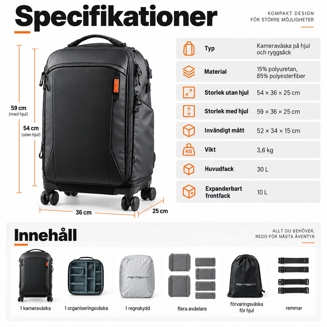Kameraryggsäck på hjul med 2-i-1-design och 30L huvudfack
