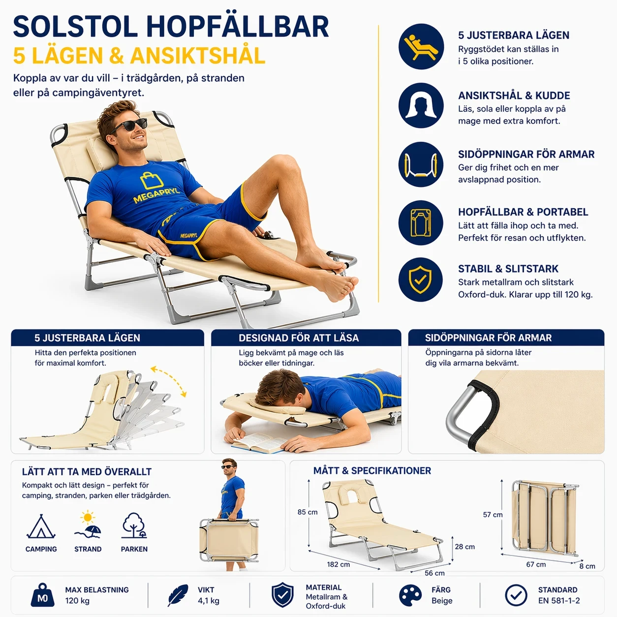 Solstol Hopfällbar – 5 Lägen & Ansiktshål