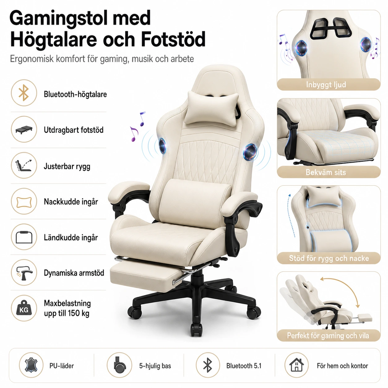 Gamingstol med Högtalare och Fotstöd