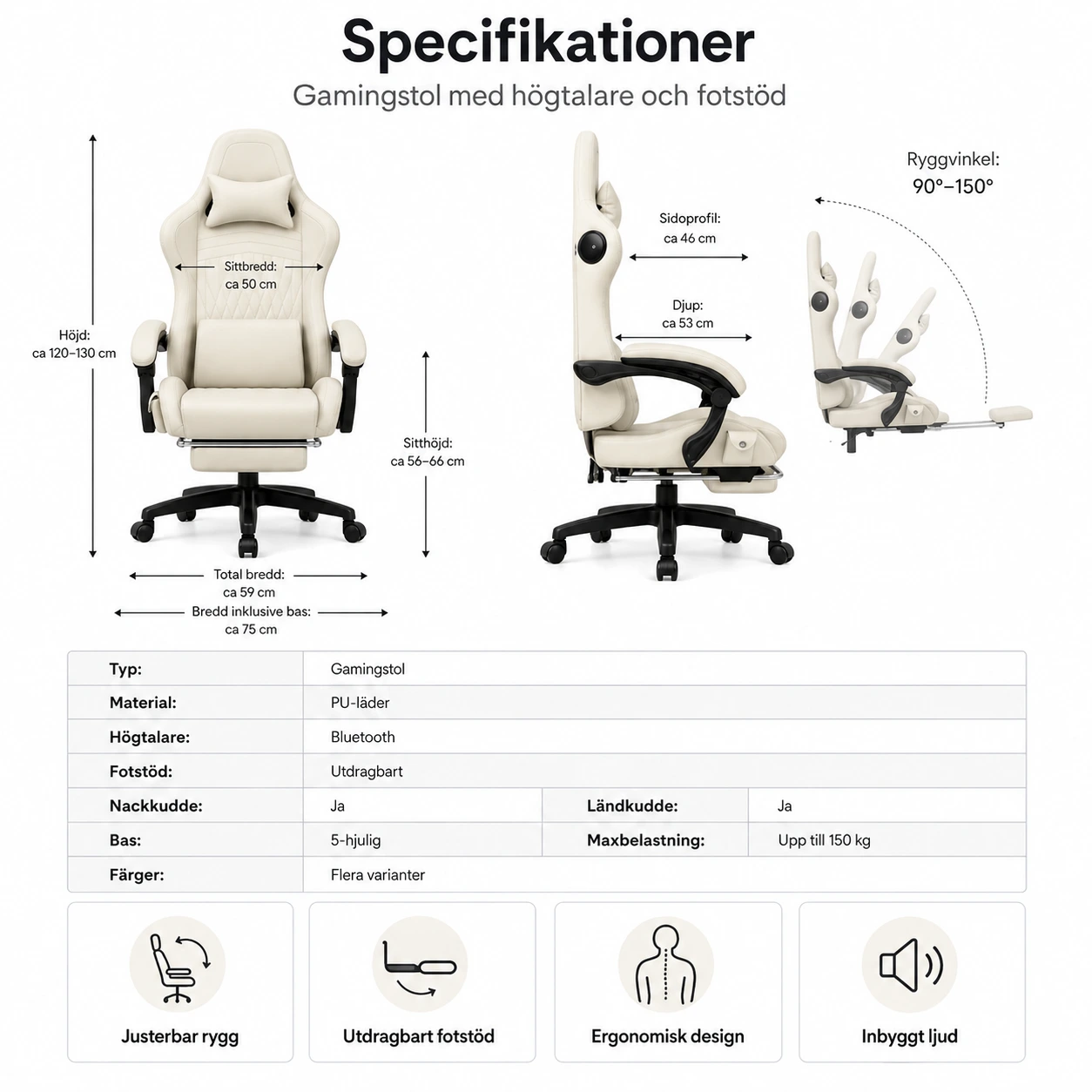 Gamingstol med Högtalare och Fotstöd