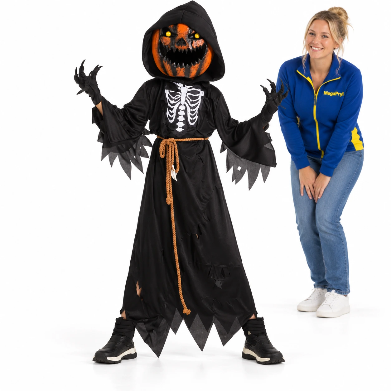 Maskeraddräkt barn med pumpahuvud och huva, svart