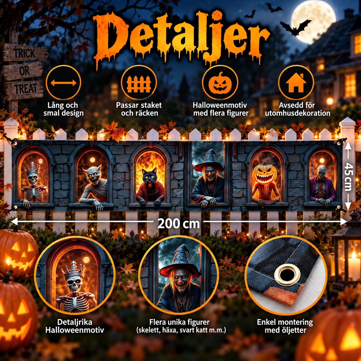 Halloweenbanner för staket och räcke, 45 x 200 cm