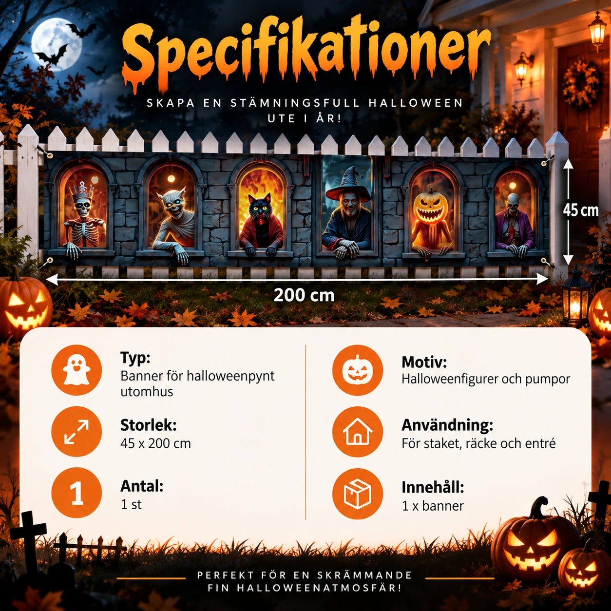 Halloweenbanner för staket och räcke, 45 x 200 cm