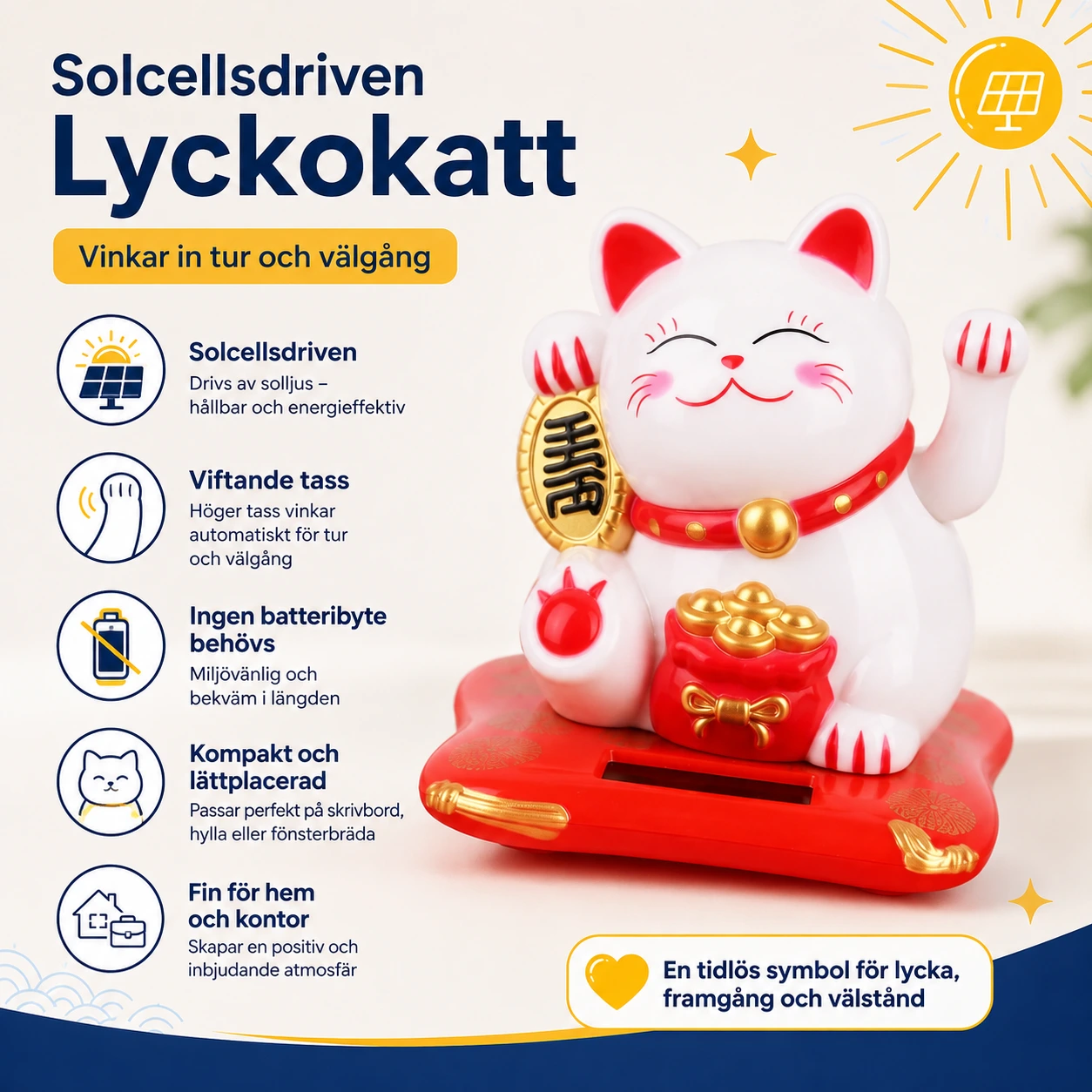 Lyckokatt Solcellsdriven Viftande Prydnad för Hem och Kontor