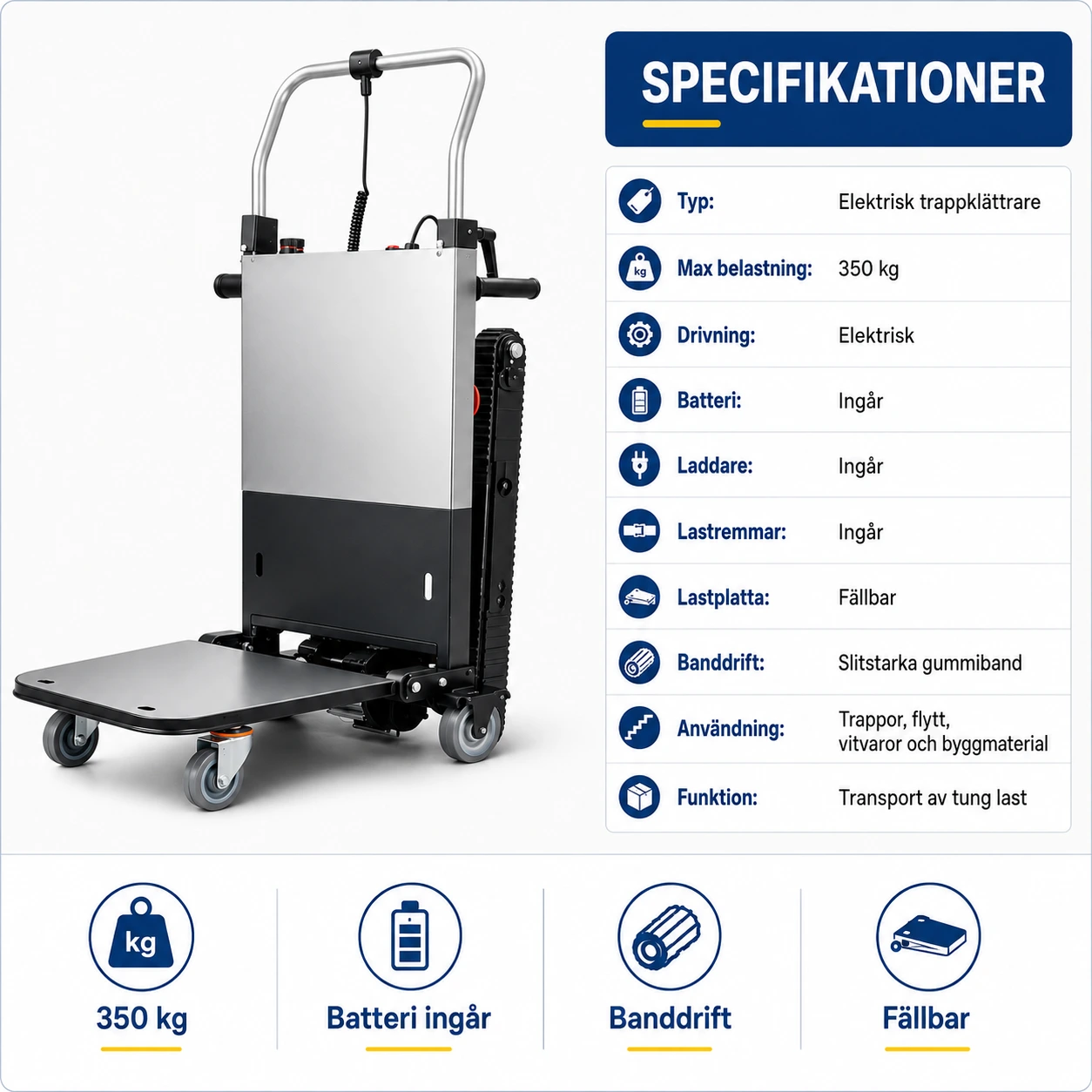 Trappklättrare Elektrisk 350 kg med Batteri och Lastremmar