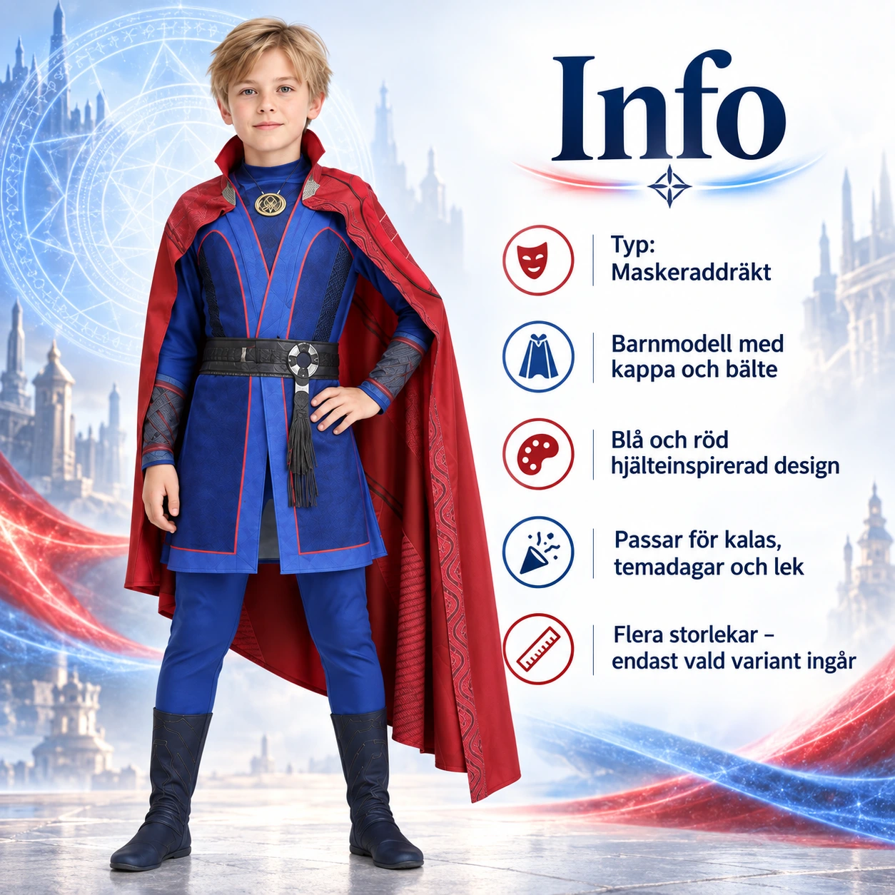 Lasten sinipunainen sankariasu viitalla ja vyöllä