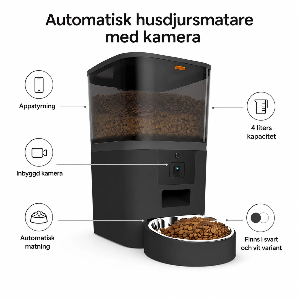 Automaattinen lemmikkieläinten ruokinta-automaatti kameralla ja sovelluksella, 4 litraa