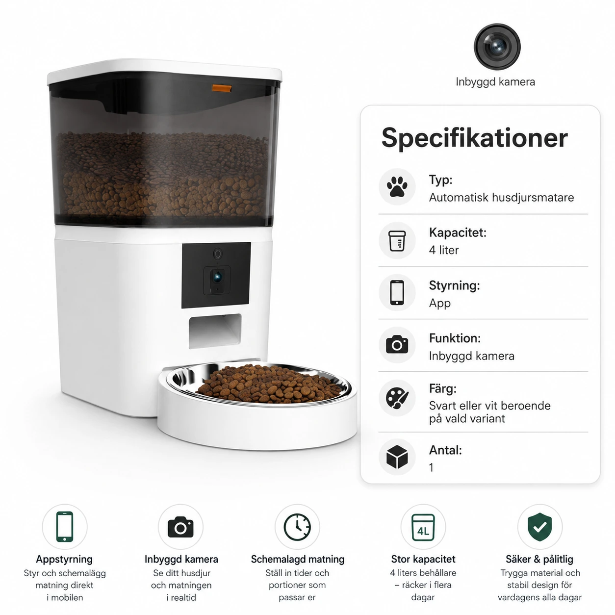 Automatisk husdjursmatare med kamera och app, 4 liter