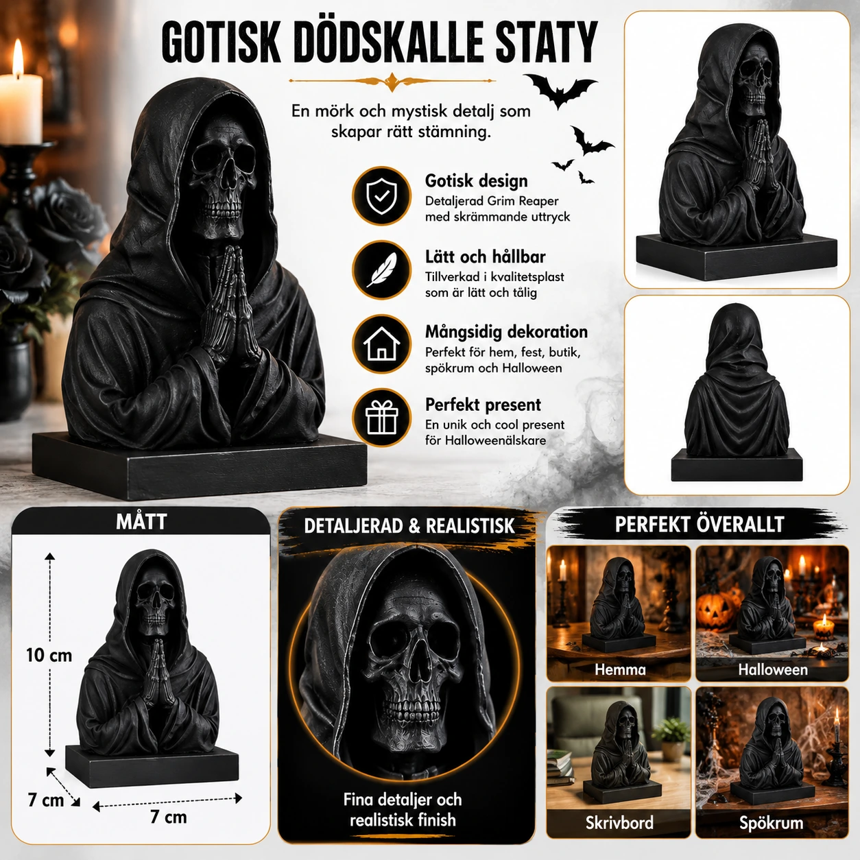 Döskalle Staty Svart – Gotisk Grim Reaper Dekoration